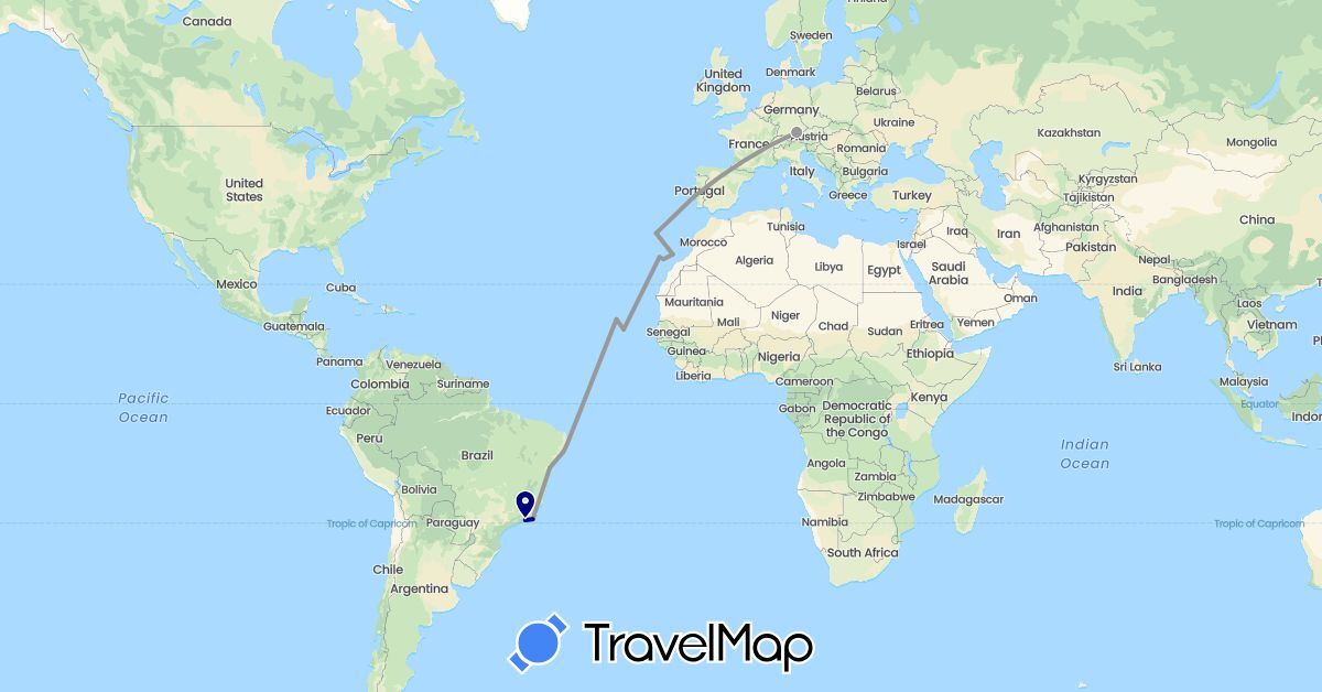 TravelMap itinerary: driving, plane in Brazil, Cape Verde, Germany, Spain, Portugal (Africa, Europe, South America)